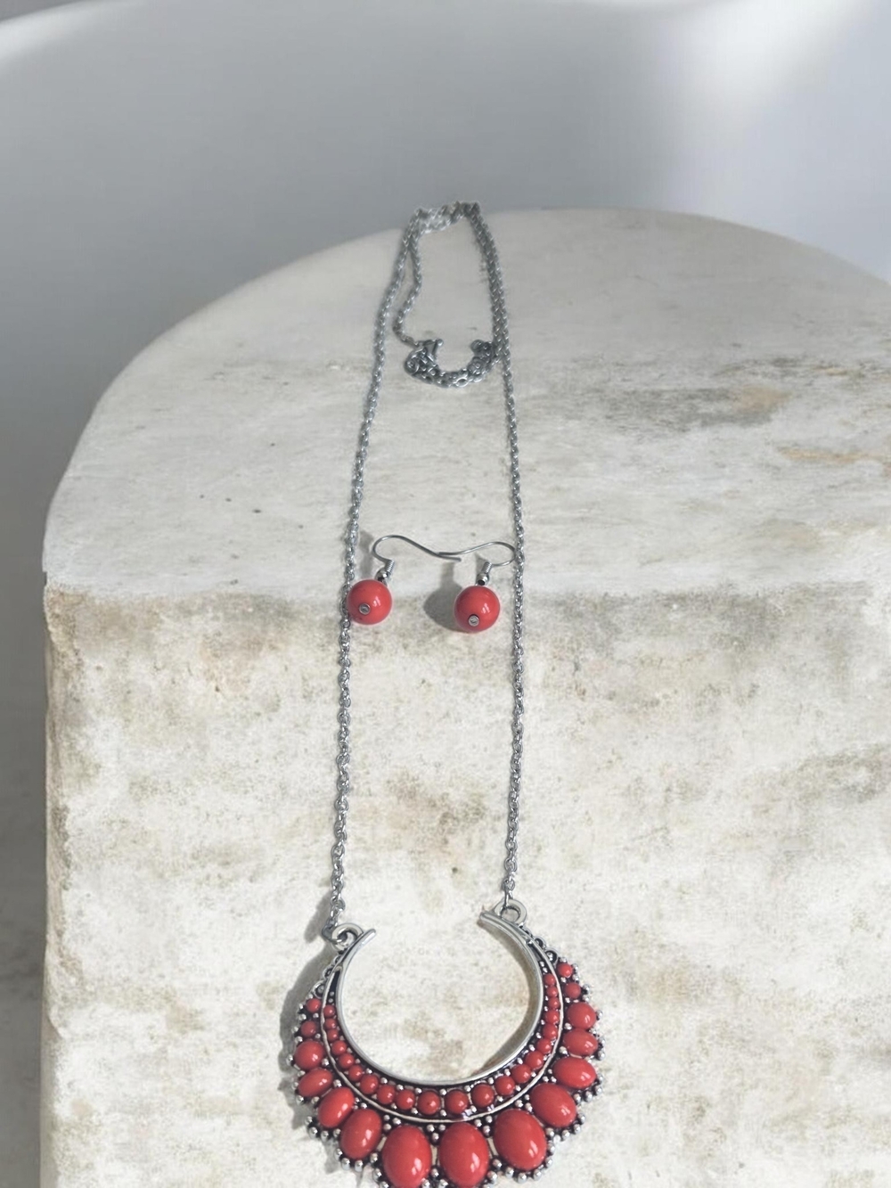 paparazzi Coral Crescent Beaded Necklace and Drop Earrings Set